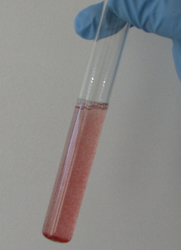 Реакция в пробирке 10. Цианидиновая проба (проба Шинода). Резус фактор на пробирке с кровью. Пробирка с раствором. Розовый раствор в пробирке.